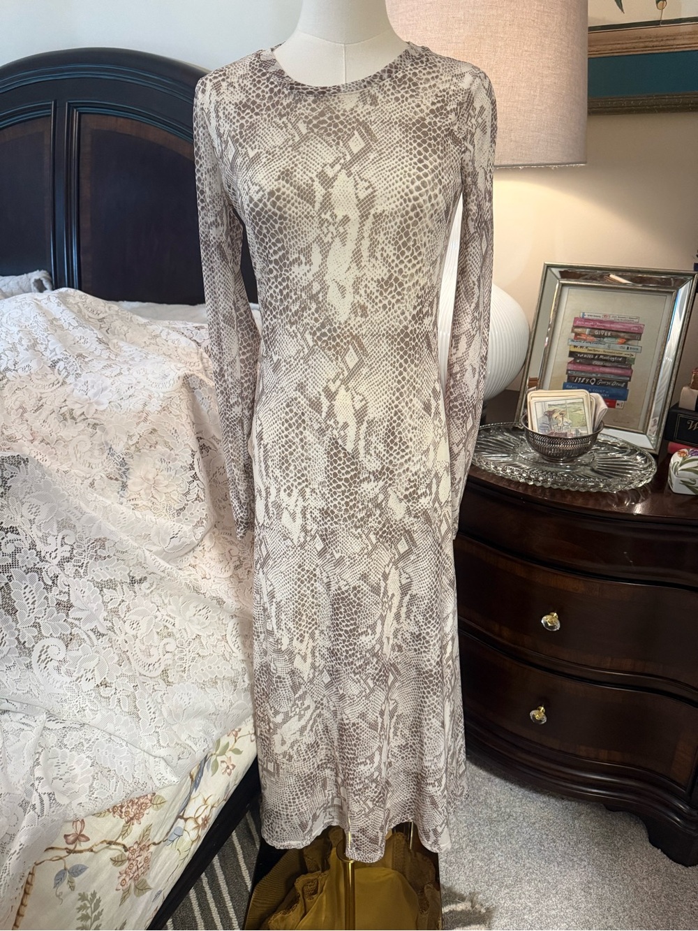 Rachel Zoe Neutral Snake-Print Long Sleeve Midi Dress